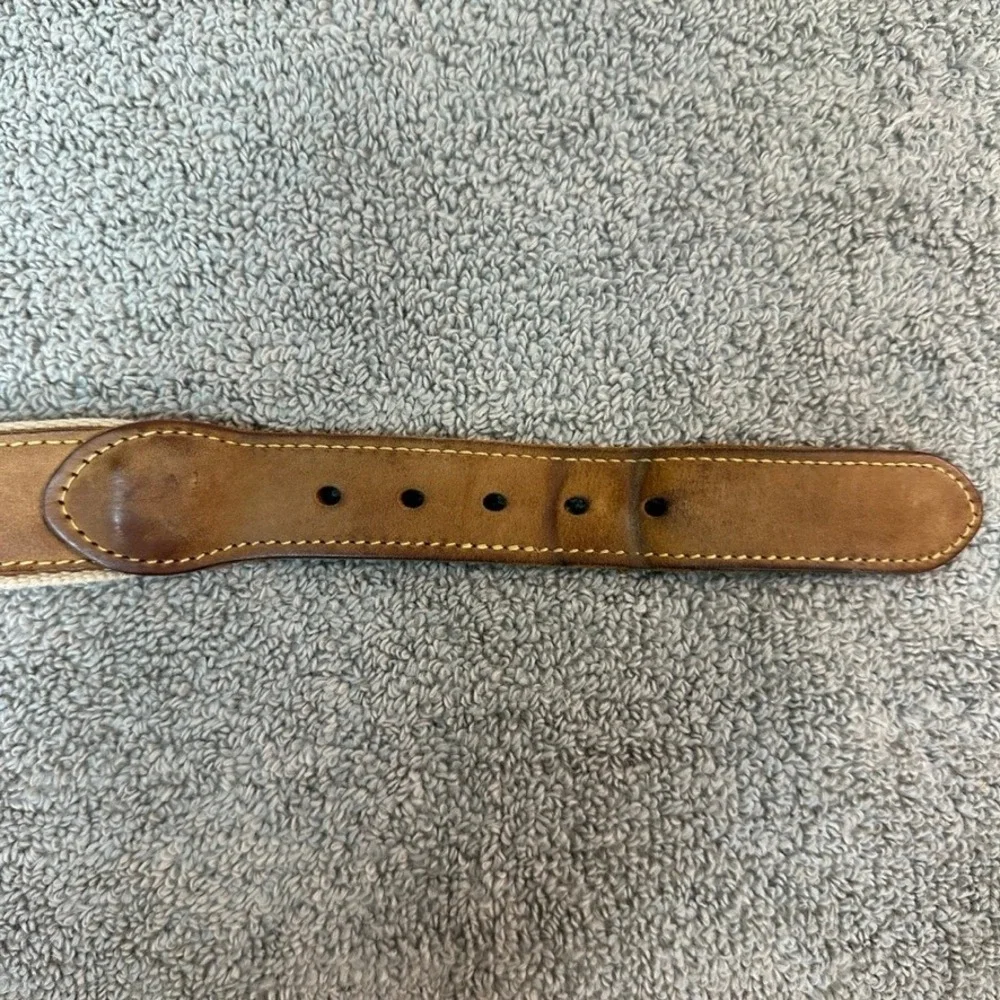 Embroidered Quality Brown Leather Canvas Belt Brass Buckle Size 44
